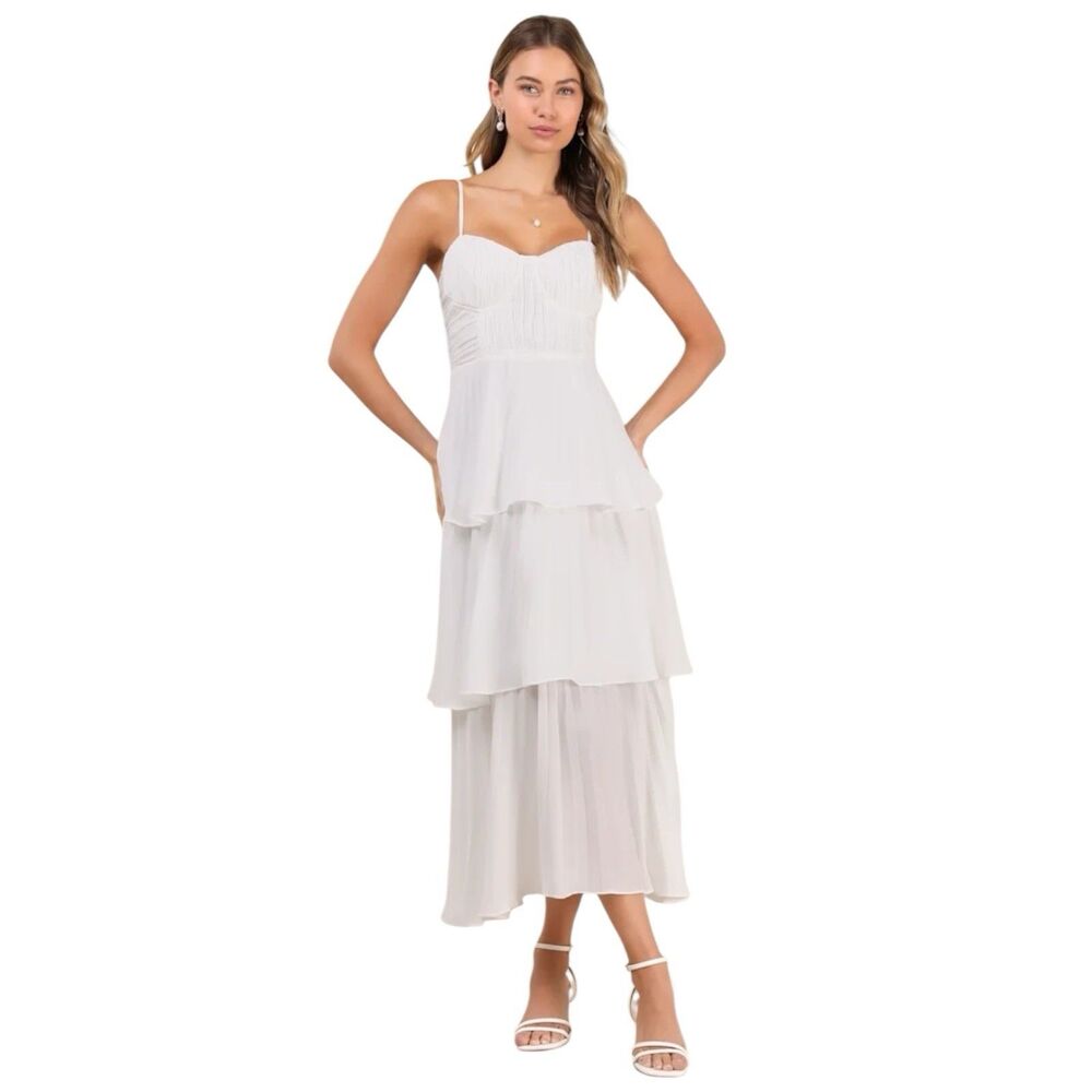 Lulus Midi Dress Womens Small Tiered Pleated Bustier Strappy Cascading Crush NWT